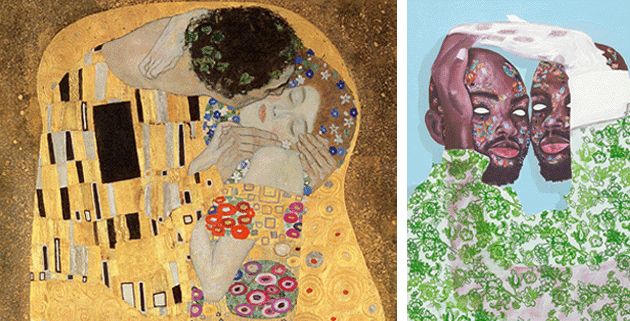 [LEFT] Gustav Klimt, Der Kuss (The Kiss), detail, 1907-08, Osterreichische Galerie Belvedere, Vienna. Image: Bridgeman Images  CAPTION: [RIGHT] Detail of the present work